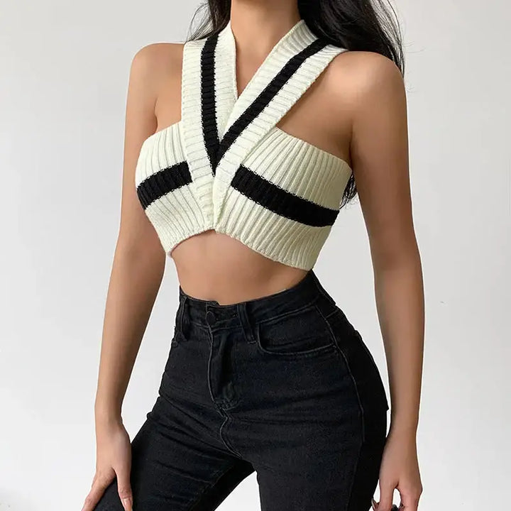 Chic y2k striped full zip jacket with halter cut - cream / one size - crop top