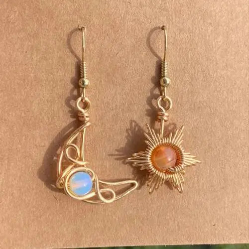 Sun and moon beaded alloy earrings - gold / one size