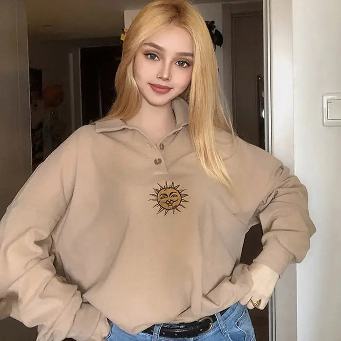 Sun embroidery button up sweatshirt - sweatshirts