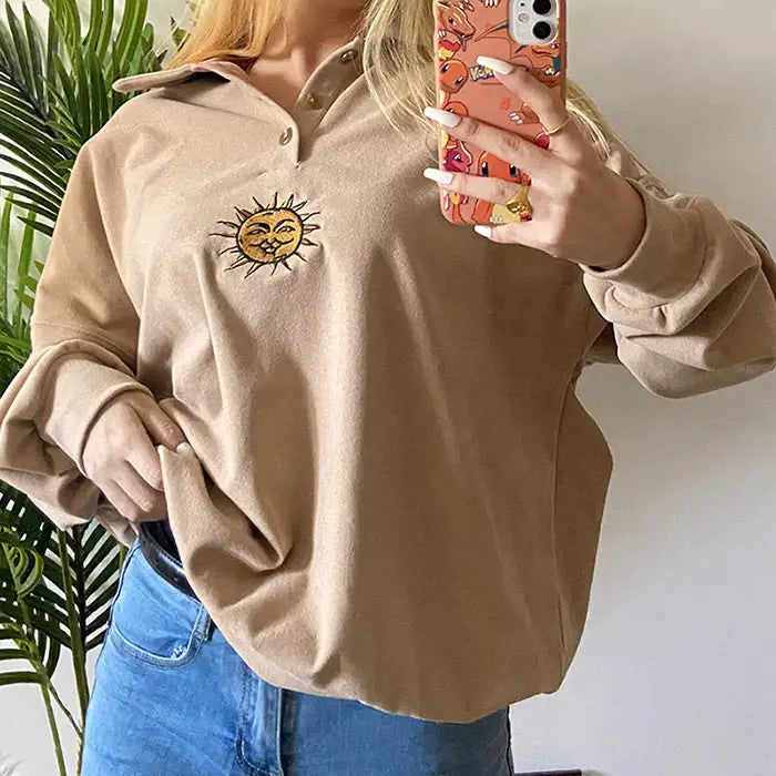 Sun embroidery button up sweatshirt - sweatshirts