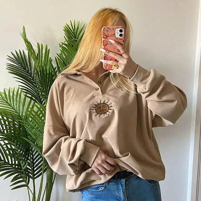 Sun embroidery button up sweatshirt - sweatshirts