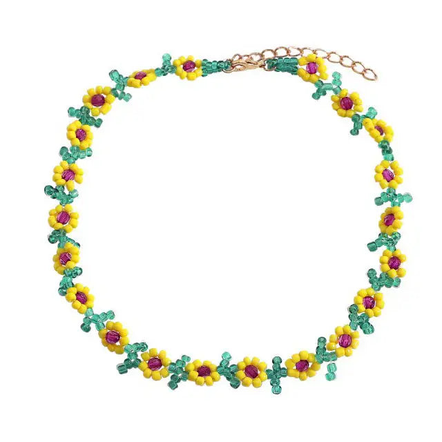 Y2k seed bead necklace and bracelet with yellow sunflowers