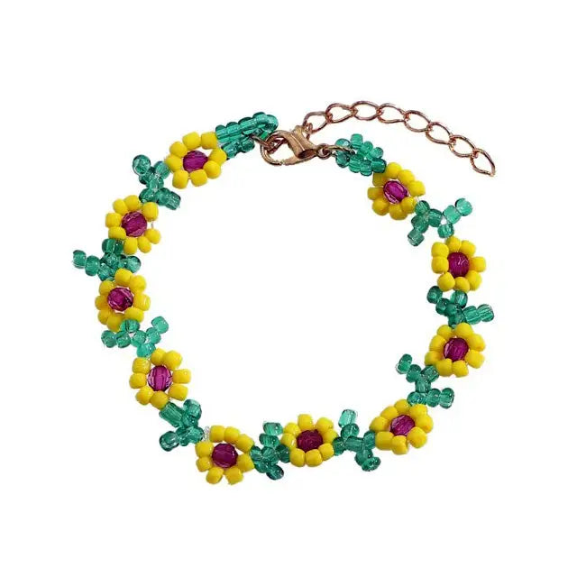 Y2k seed bead necklace and bracelet with yellow sunflowers