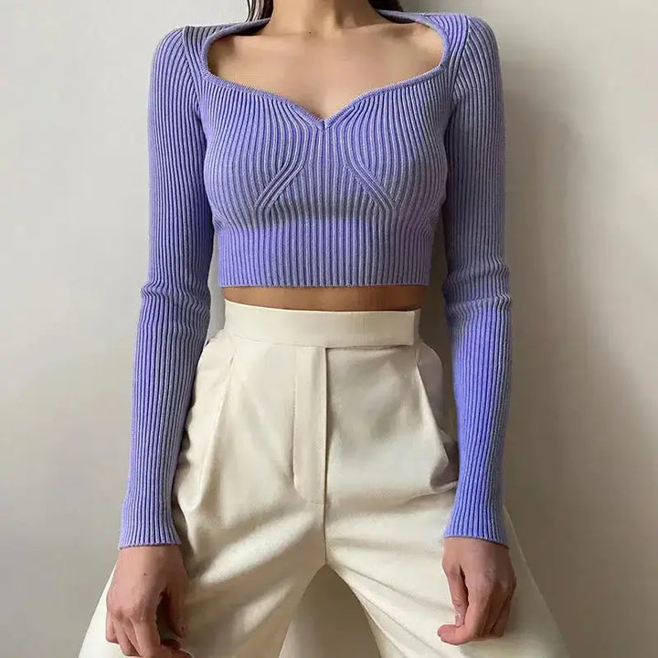 Rib-knit crop top with sweetheart neckline in modern y2k style - purple / xs