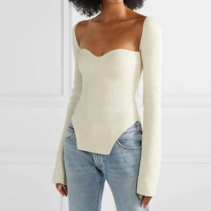 Y2k knitted top with flattering sweetheart neckline and long sleeves - beige / s