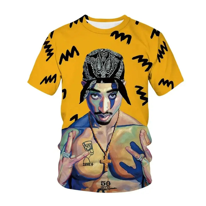 Y2k popstar tupac 3d printed t-shirts for authentic streetwear - yellow to die / xl