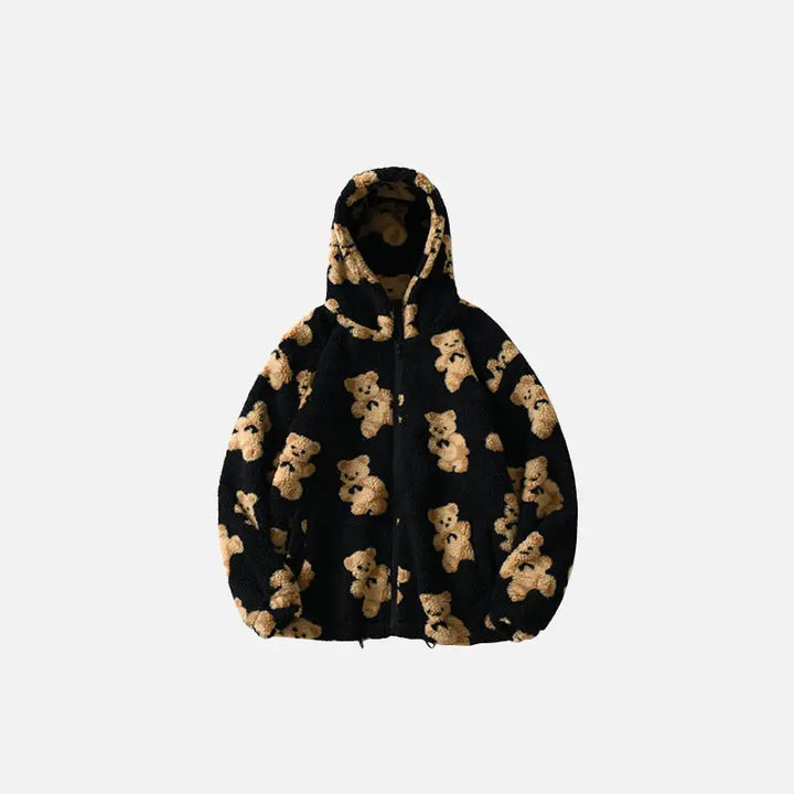 Teddy bear fuzzy hoodie y2k - black / s - jackets