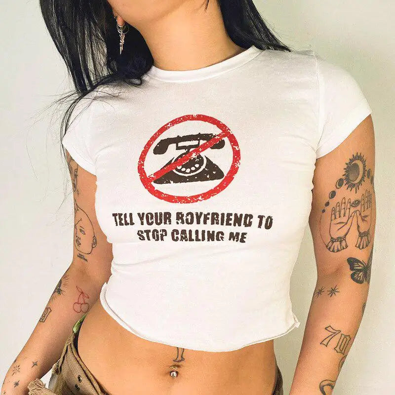 Tell your boyfriend crop top with crew neck in y2k style - white / s