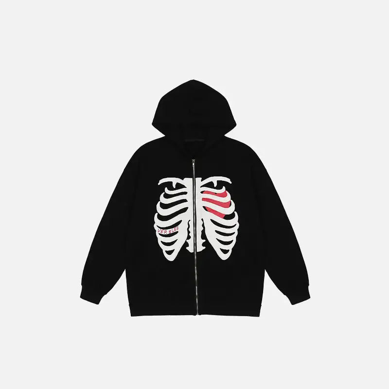 Thoracic skeleton zip-up hoodie y2k - black / m - hoodies