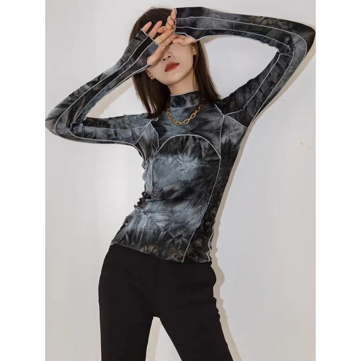 High neck tie dye top in black and grey for y2k style - s