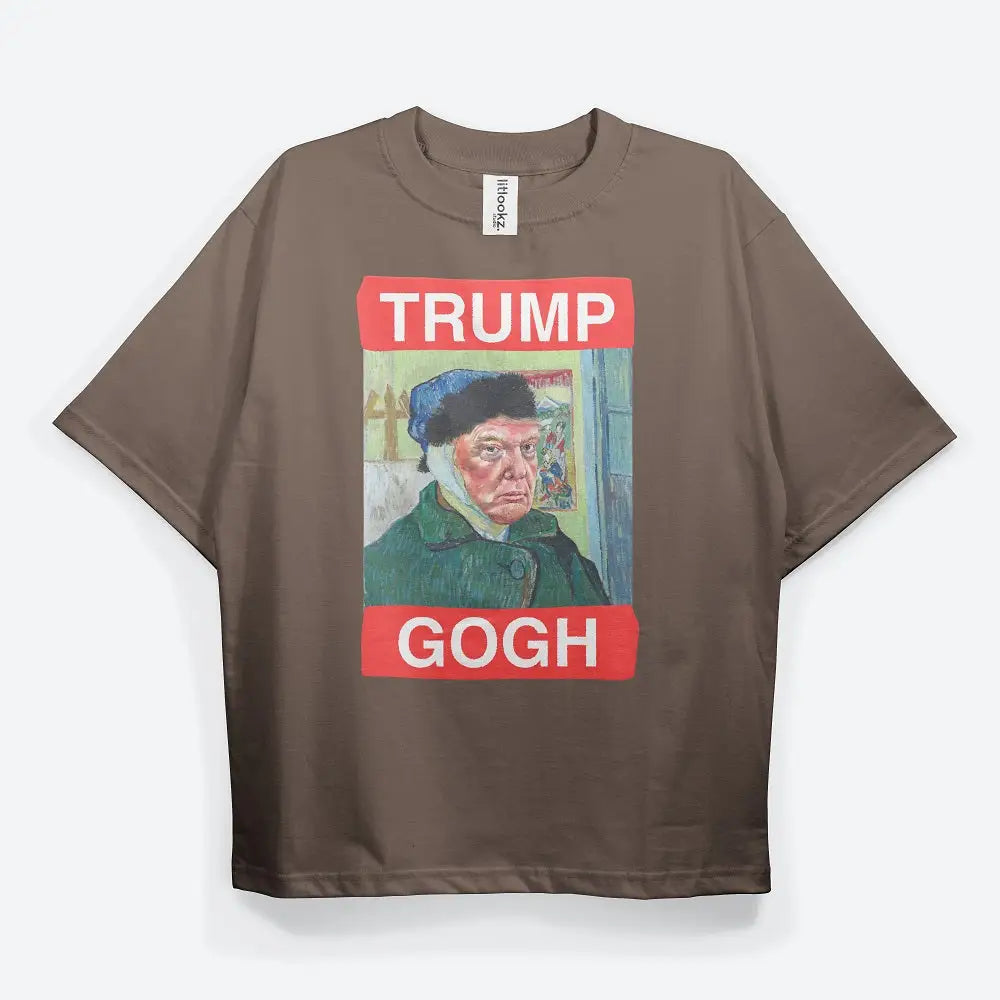 Y2k inspired t-shirt with van gogh style and political satire - brown / s - tee