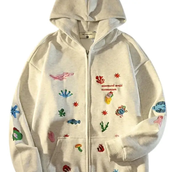 Underwater life embroidery hoodie for unique aesthetic style