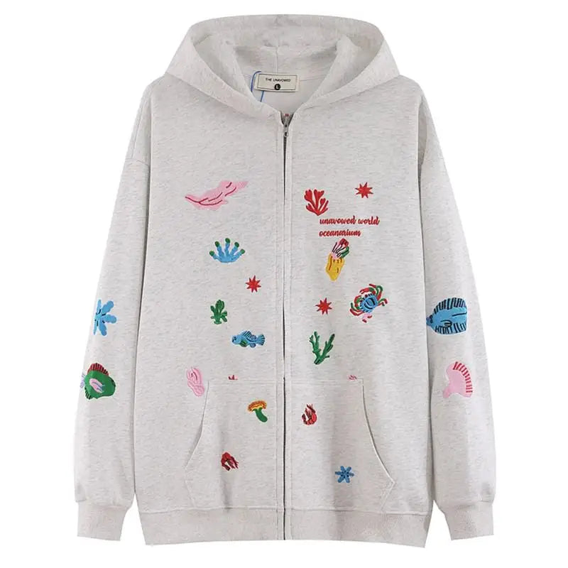 Underwater life embroidery hoodie for unique aesthetic style