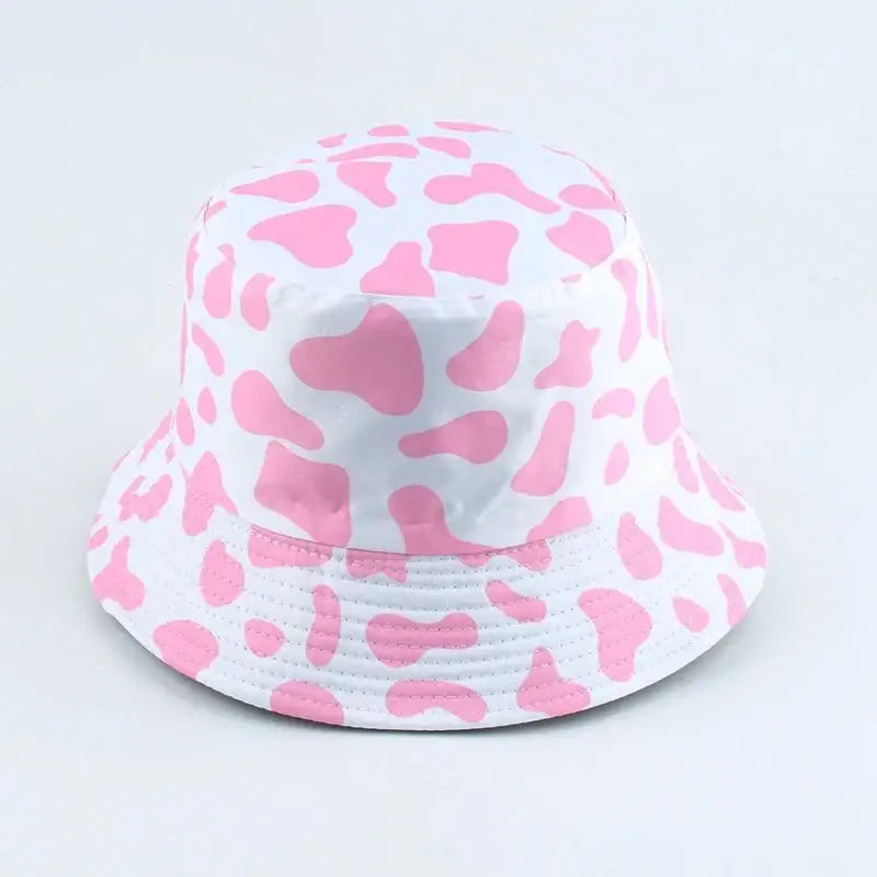 Unisex kawaii pink cow print bucket hat - pink-white