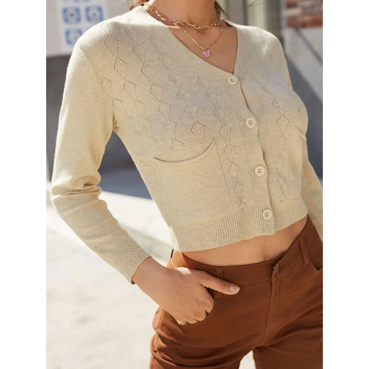 V neck crop cardigan with pockets for a vintage modern look - beige / one size