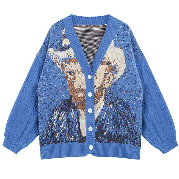 Van gogh self-portrait knit cardigan - free size / blue