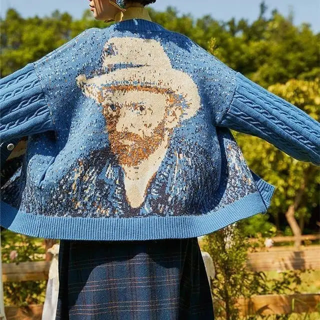 Van gogh self-portrait knit cardigan in y2k style - free size / blue