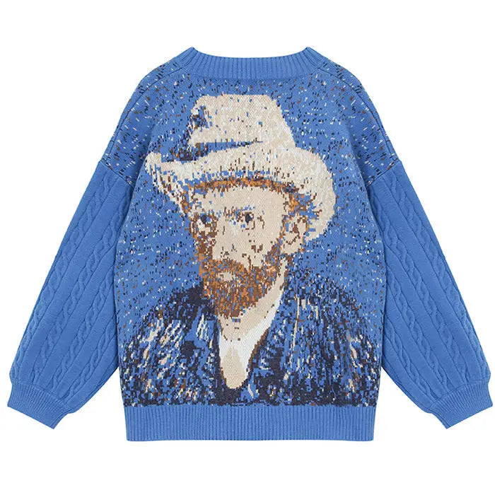 Van gogh self-portrait knit cardigan - free size / blue