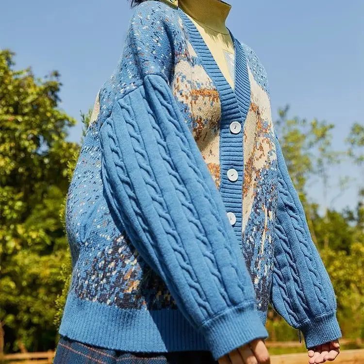 Van gogh self-portrait knit cardigan in y2k style - free size / blue