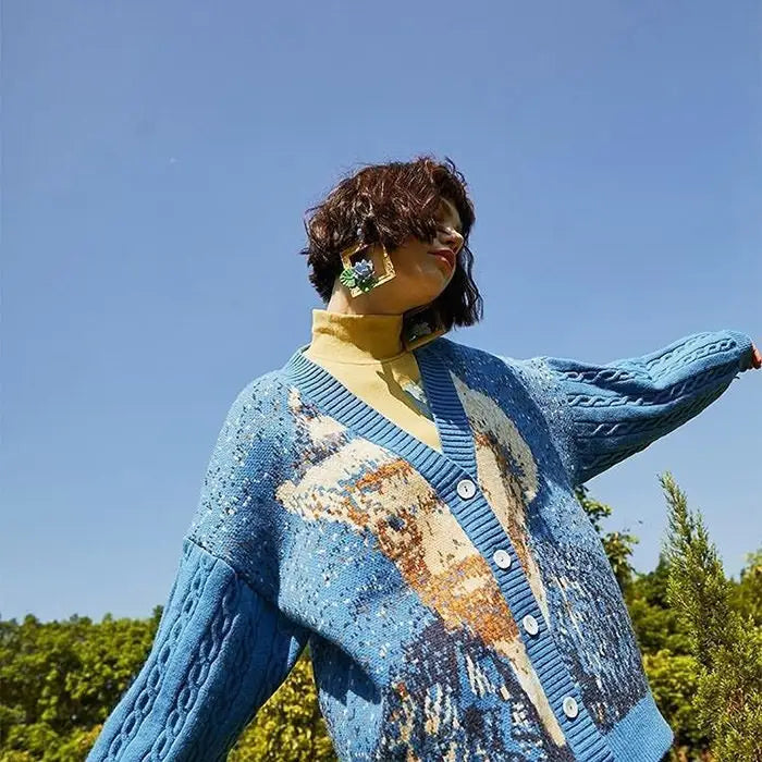 Van gogh self-portrait knit cardigan in y2k style - free size / blue