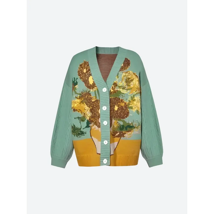 Van gogh’s sunflowers cardigan with deep v-neckline and button fastening