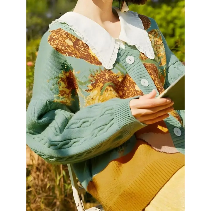 Van gogh’s sunflowers cardigan with deep v-neckline and button fastening