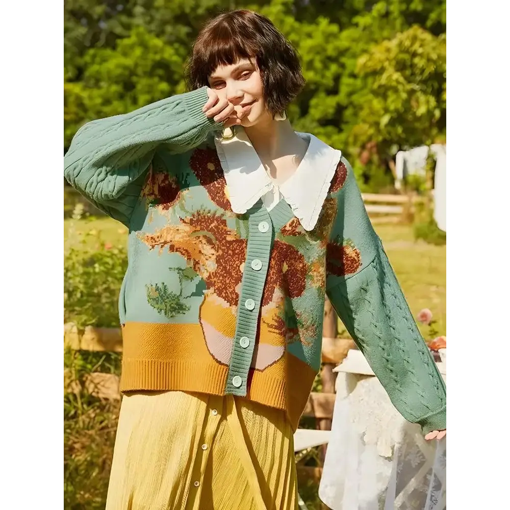 Van gogh sunflowers cardigan - green / s