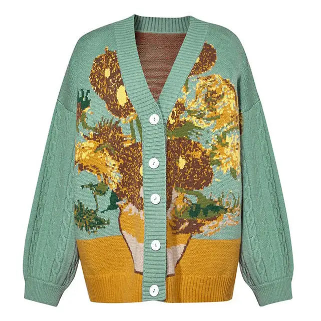 Van gogh sunflowers knit cardigan with ribbed trim and button closures - free size / green