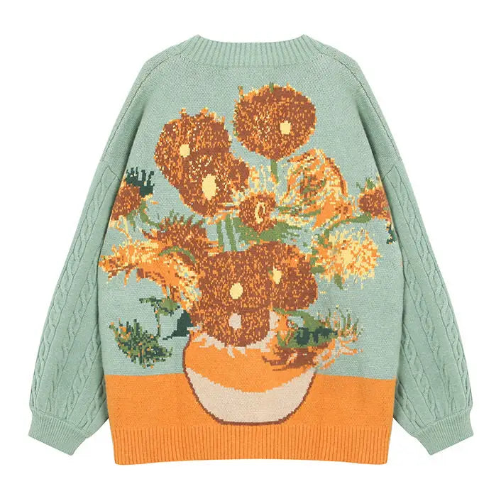 Van gogh sunflowers knit cardigan with ribbed trim and button closures - free size / green