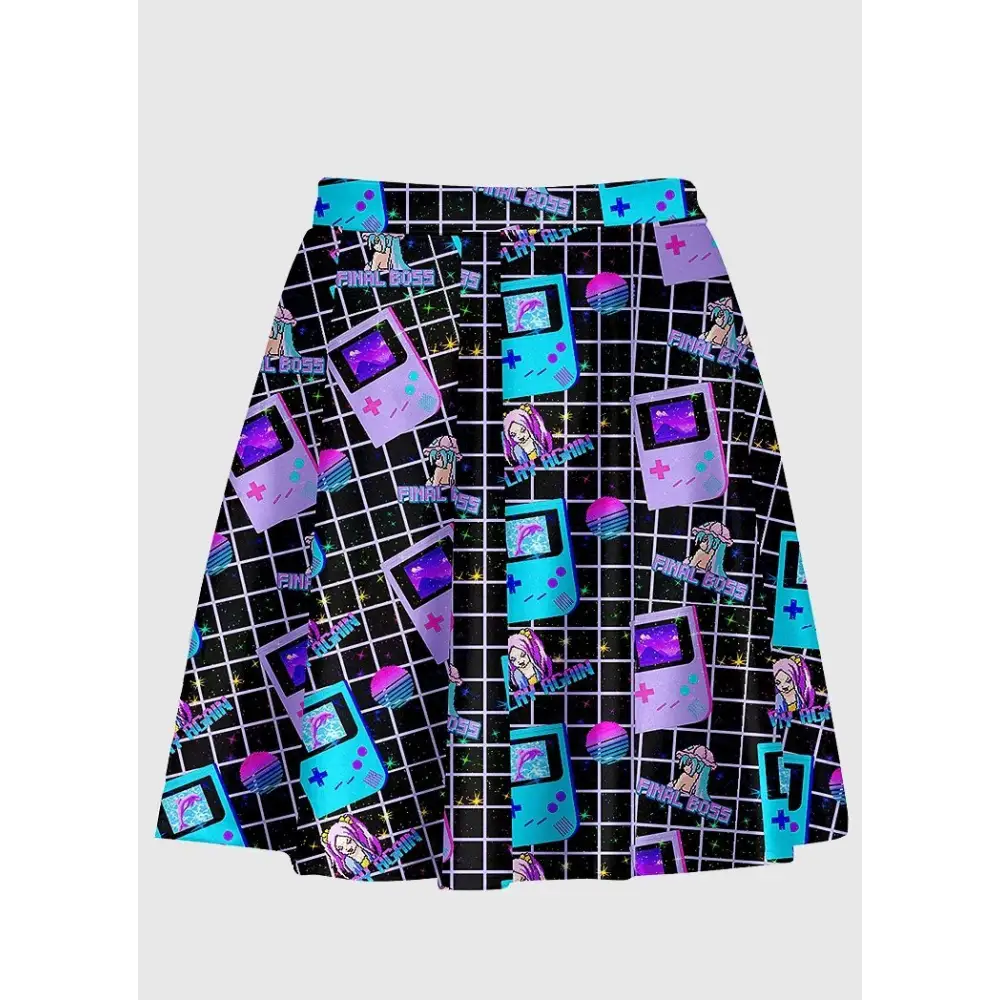 Vaporwave aesthetic skater skirt with retro gameboy design - xsmall-large / black - women skirts