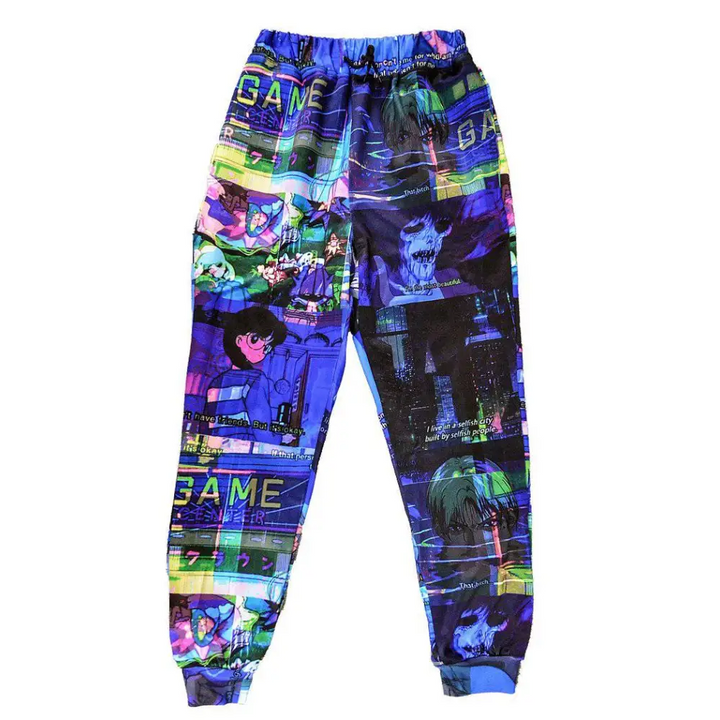 Vaporwave glitch anime joggers with unique aesthetic design - small - men pants