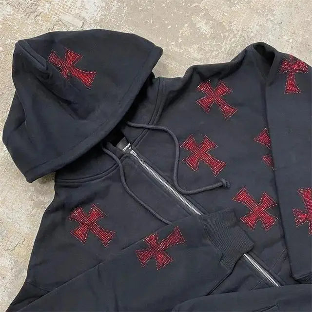 Veste streetwear à croix en strass - noir et rouge / m