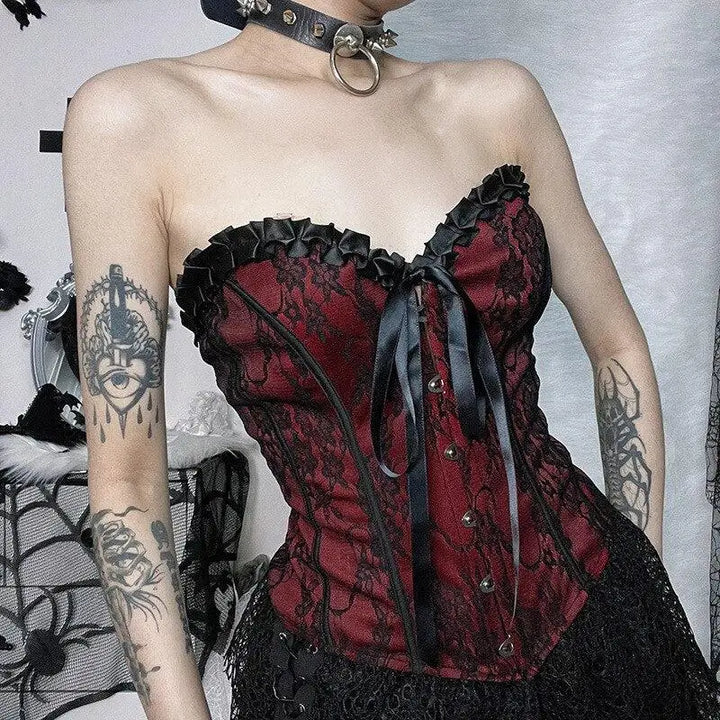 Hot red corset top with lace details for a goth aesthetic