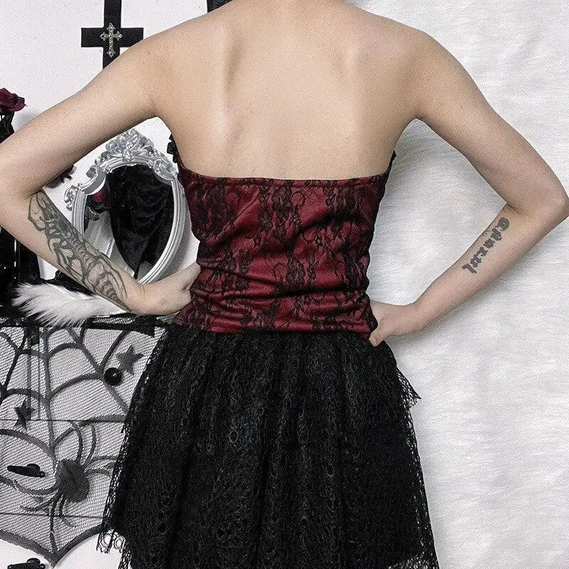 Hot red corset top with lace details for a goth aesthetic