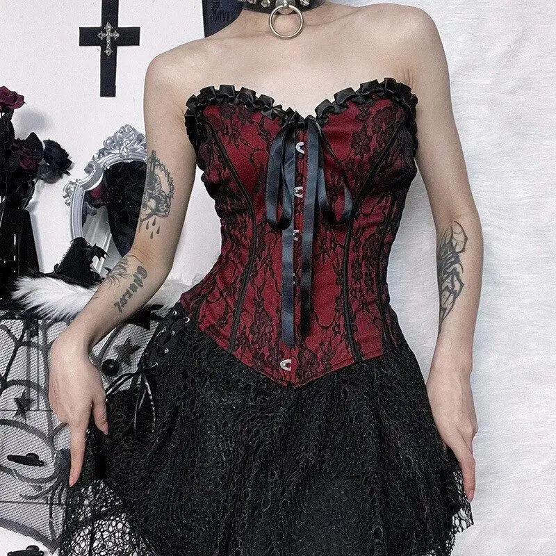 Hot red corset top with lace details for a goth aesthetic