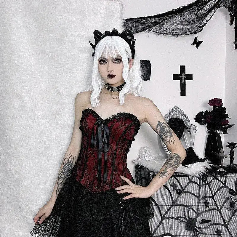 Hot red corset top with lace details for a goth aesthetic