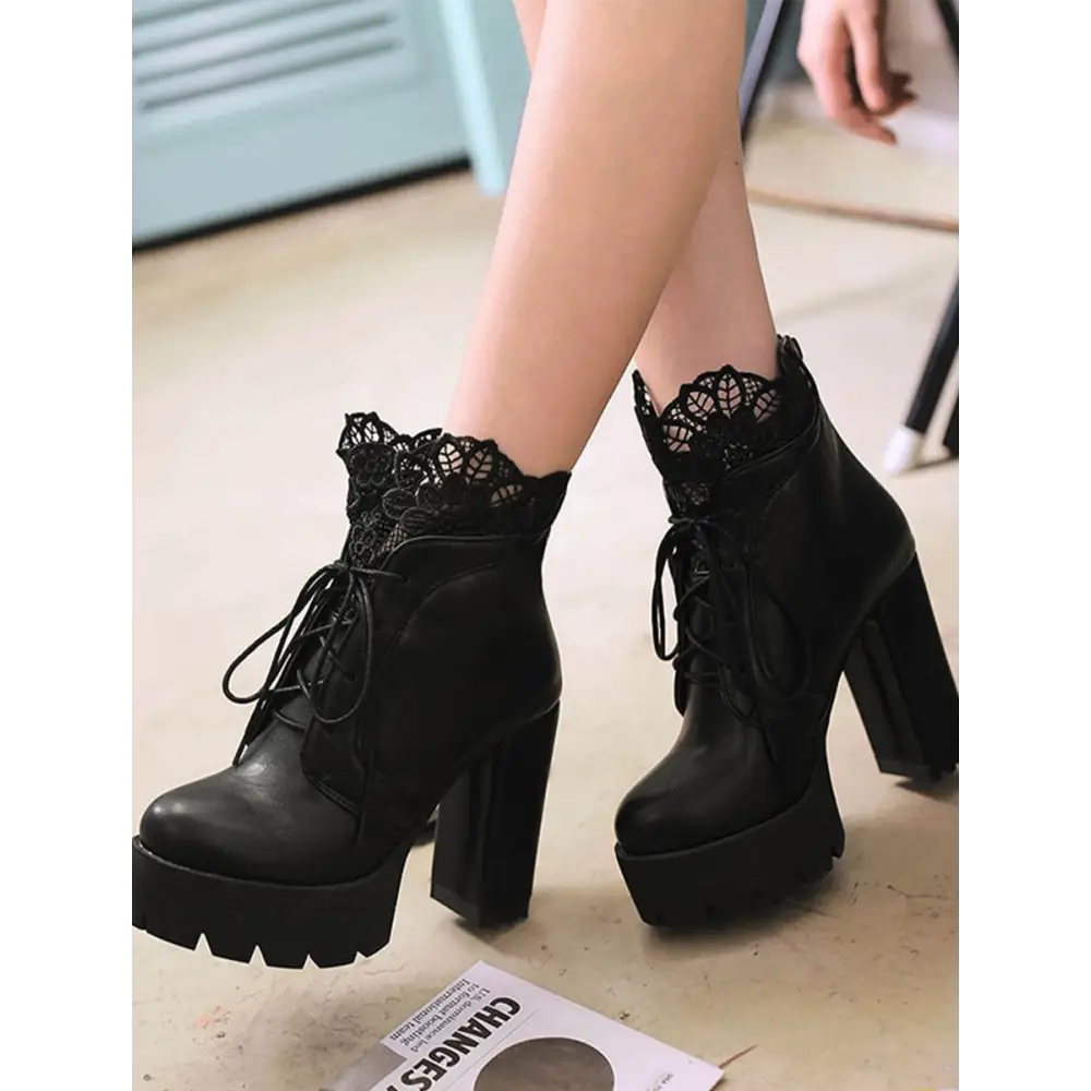 Autumn lacing platform heel boots inspired by victorian era trends - black / us 4 - heels