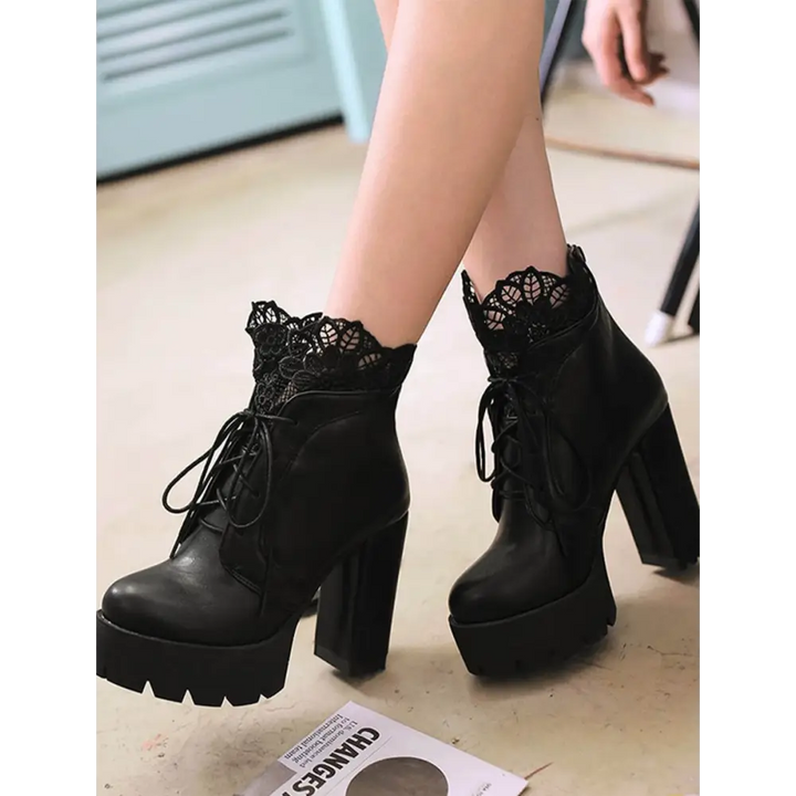 Autumn lacing platform heel boots inspired by victorian era trends - black / us 4 - heels