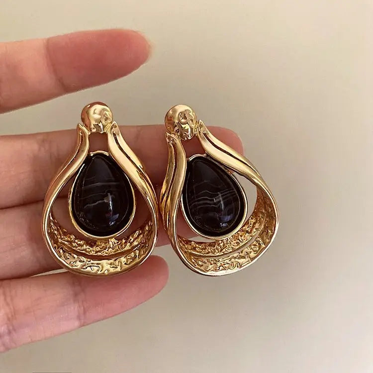 Vintage aesthetic black stone earrings for unique style - standart / gold - earrings