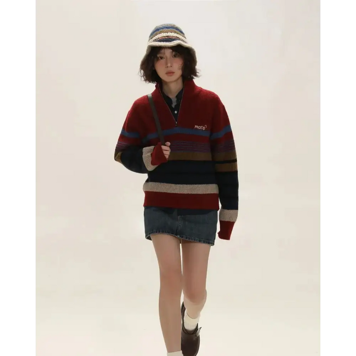 Vintage aesthetic knitted zip sweater in retro striped design