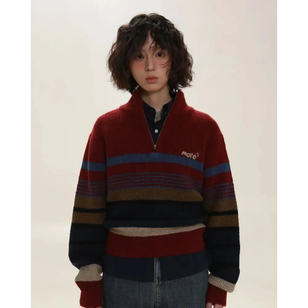 Vintage aesthetic knitted zip sweater - red / s