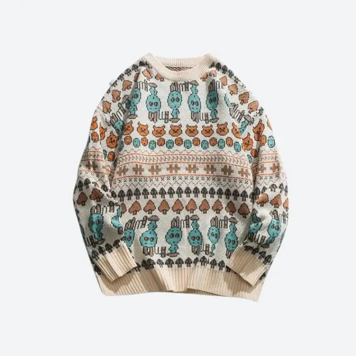 Y2k vintage animal jacquard unisex sweater for fall and winter - beige / s