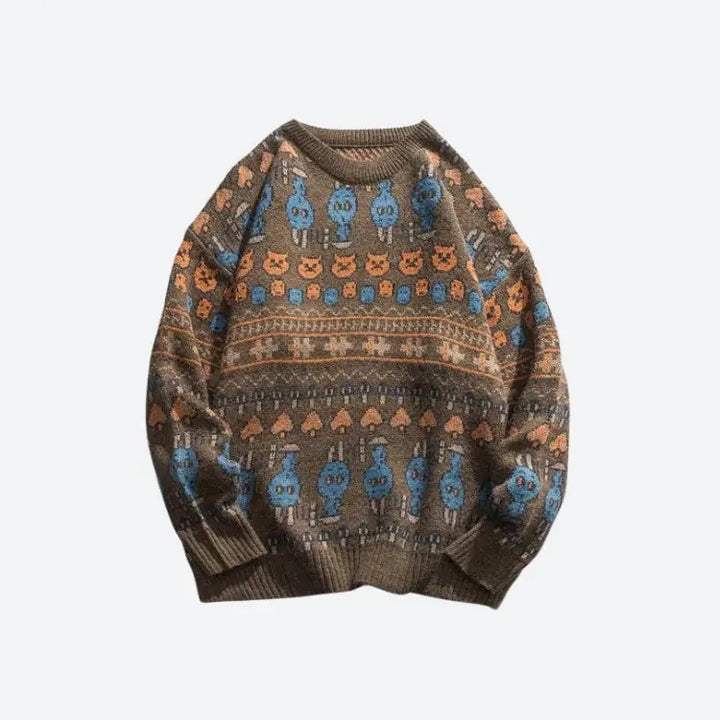 Y2k vintage animal jacquard unisex sweater for fall and winter - brown / s