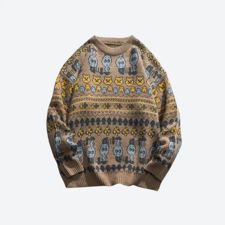 Y2k vintage animal jacquard unisex sweater for fall and winter - light brown / s