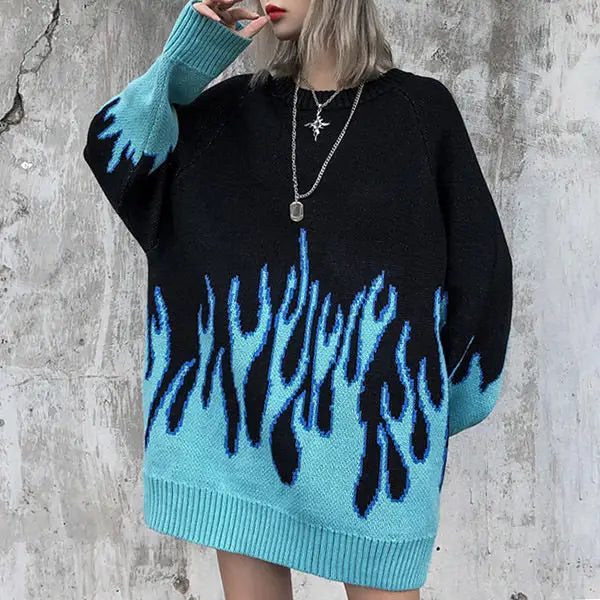 Vintage blue flame sweater - sweaters