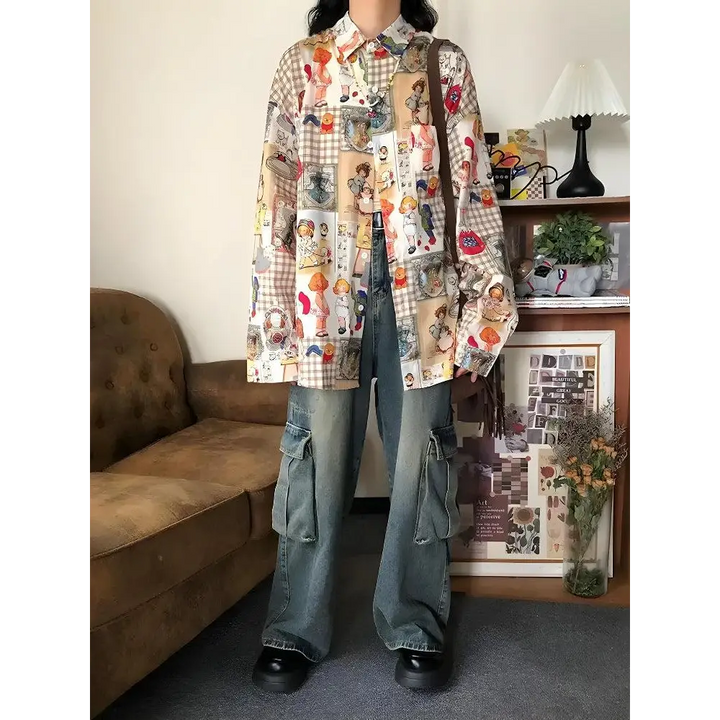 Y2k retro cartoon print oversized shirt for casual style - mix / s