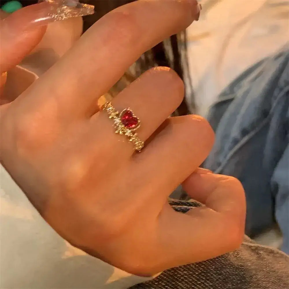 Vintage crystal red gemstone heart ring y2k - gold color - rings