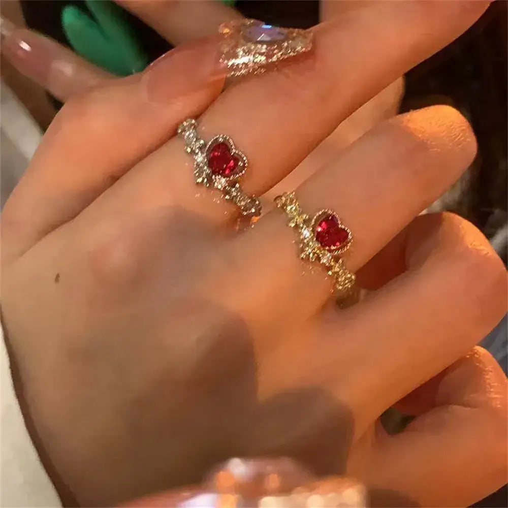 Vintage crystal red gemstone heart ring y2k - rings
