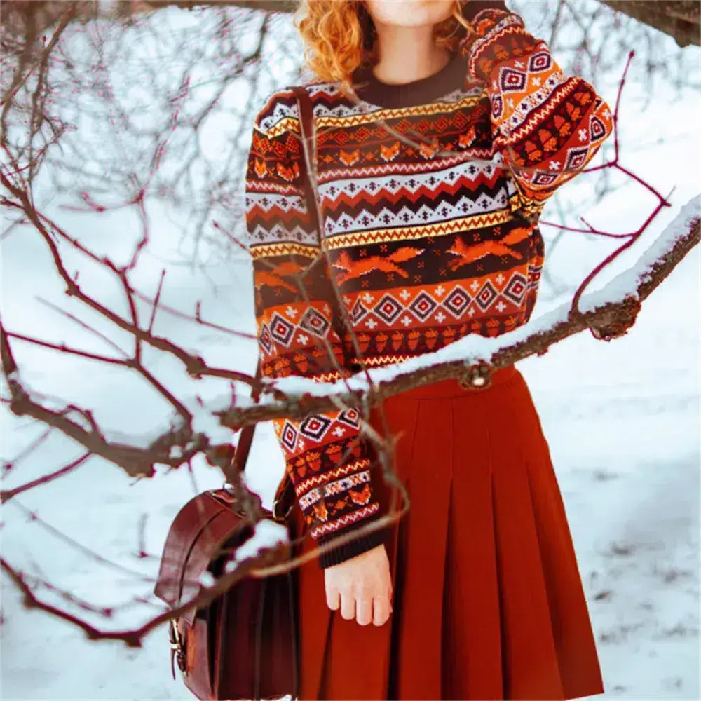 Vintage christmas sweater with embroidered fox and classic patterns - orange / s