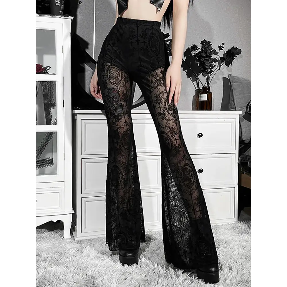 Y2k vintage flare pants with lace and hollow out decoration - black / s